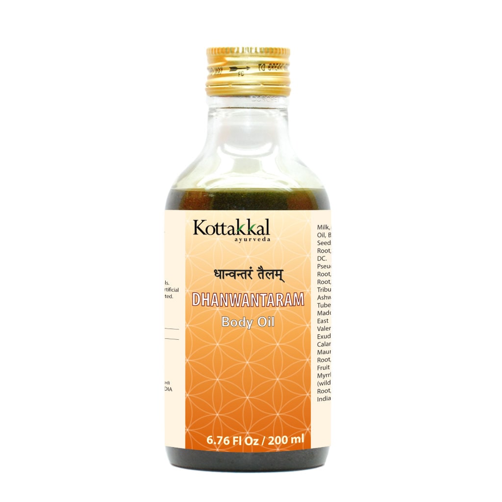Dhanwantaram Oil Bottle, Ayurvedic Product manufactured by Arya Vaidya Sala, Kottakkal Ayurveda for USA Distribution