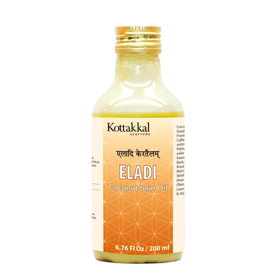 Eladi Coconut Skin Oil Bottle, Ayurvedic Product manufactured by Arya Vaidya Sala, Kottakkal Ayurveda for USA Distribution