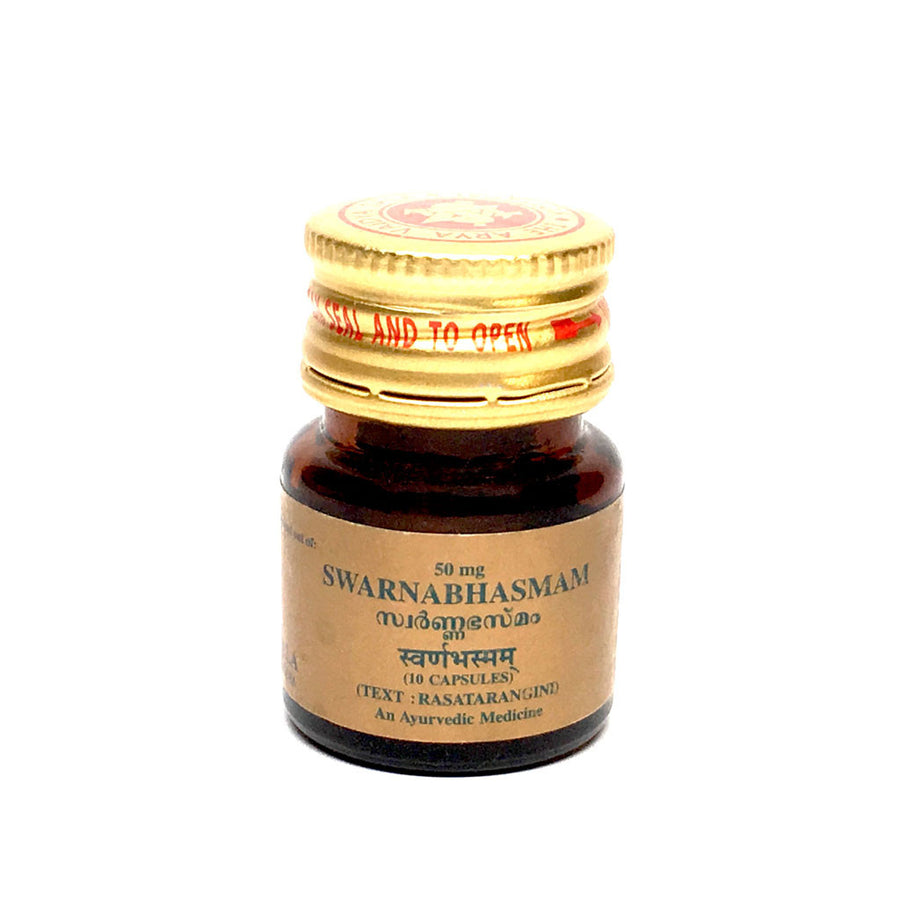 Swarna Bhasma Capsule in Bottle, Ayurvedic Product manufactured by Arya Vaidya Sala, Kottakkal Ayurveda for USA Distribution